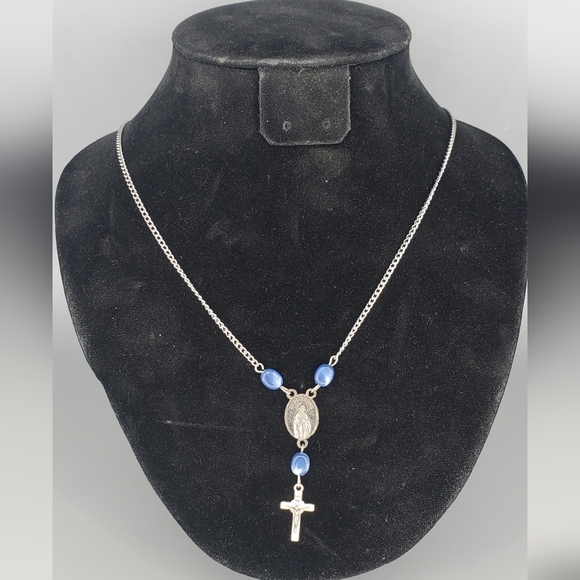 St. Anthony and St. Peregrine Silvertone Blue Bead Cross Necklace - Picture 1 of 4